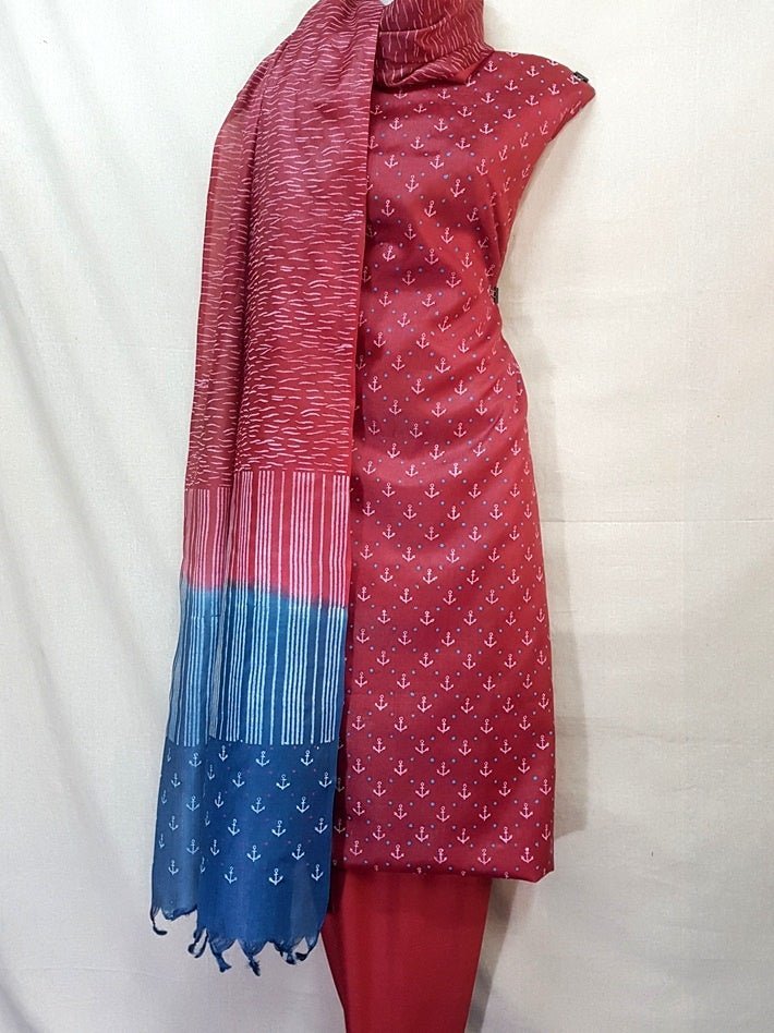 Pure Tussar Silk Hand Block Printed Three Piece Salwar Suit Material - Leheriya