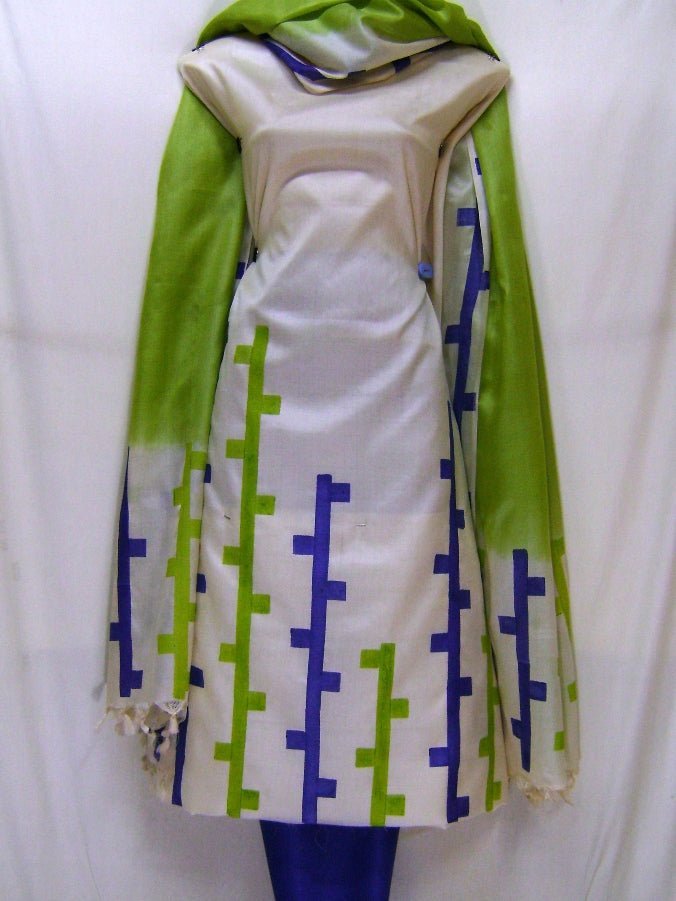Pure Tussar Silk Hand Block Printed Three Piece Salwar Suit Material - Leheriya