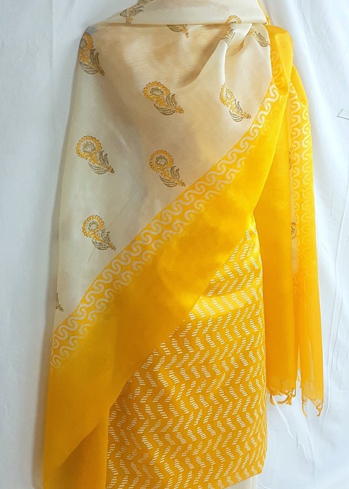 Pure Tussar Silk Hand Block Printed Three Piece Salwar Suit Material - Leheriya