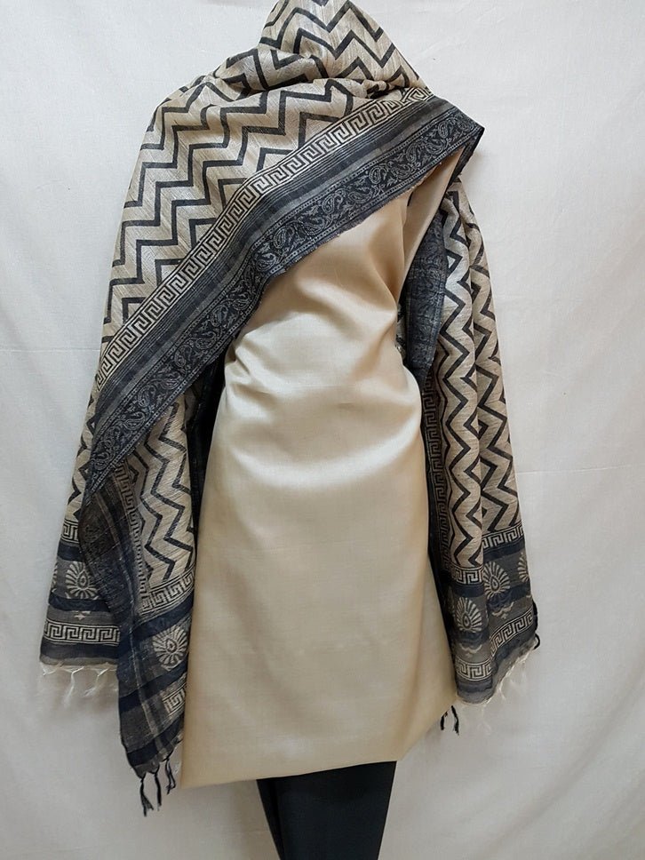 Pure Tussar Silk Hand Block Printed Three Piece Salwar Suit Material - Leheriya