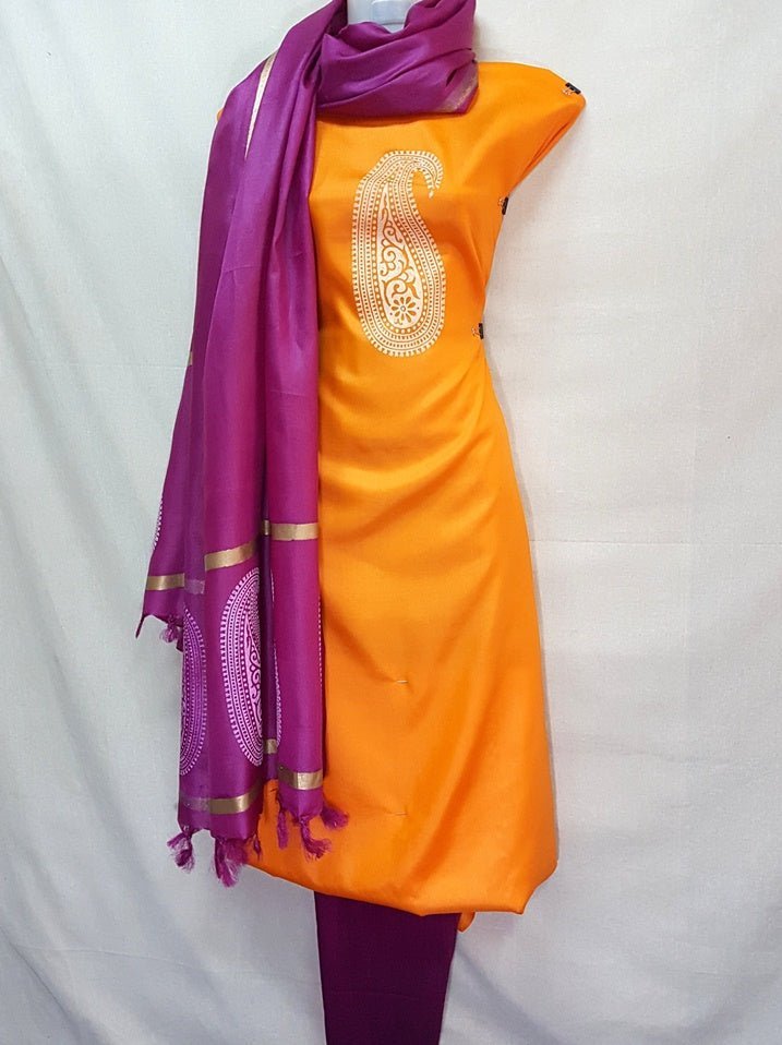 Pure Tussar Silk Hand Block Printed Three Piece Salwar Suit Material - Leheriya