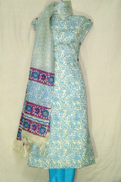 Pure Tussar Silk Hand Block Printed Three Piece Salwar Suit Material - Leheriya