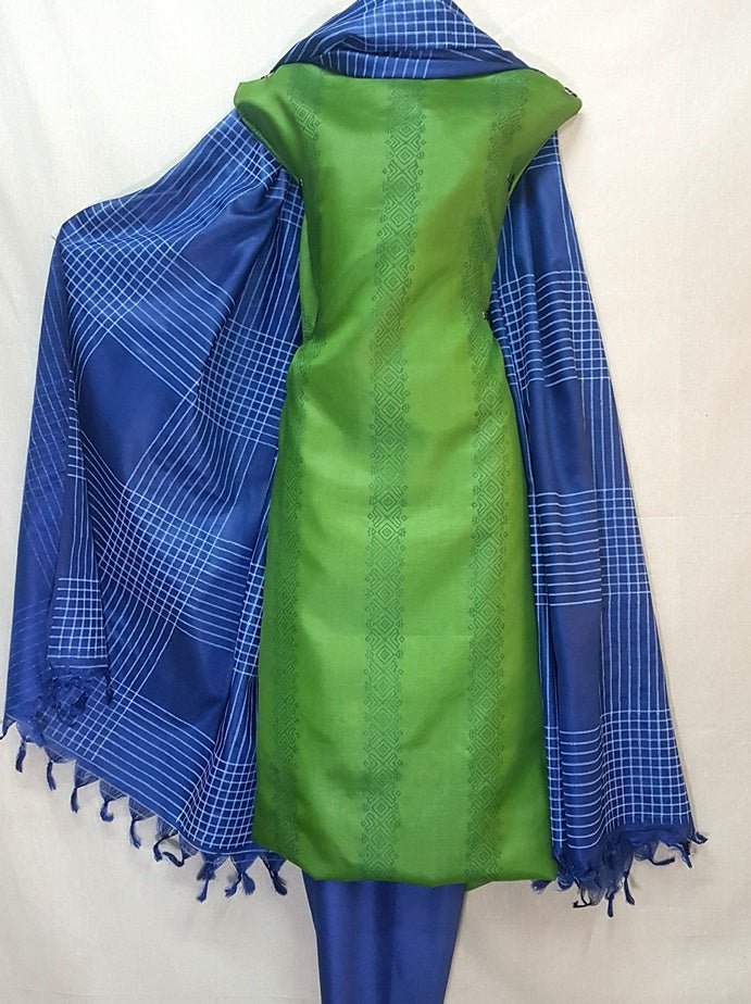 Pure Tussar Silk Hand Block Printed Three Piece Salwar Suit Material - Leheriya
