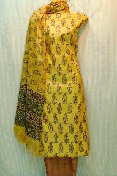Pure Tussar Silk Hand Block Printed Three Piece Salwar Suit Material - Leheriya