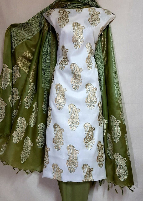 Pure Tussar Silk Hand Block Printed Three Piece Salwar Suit Material - Leheriya