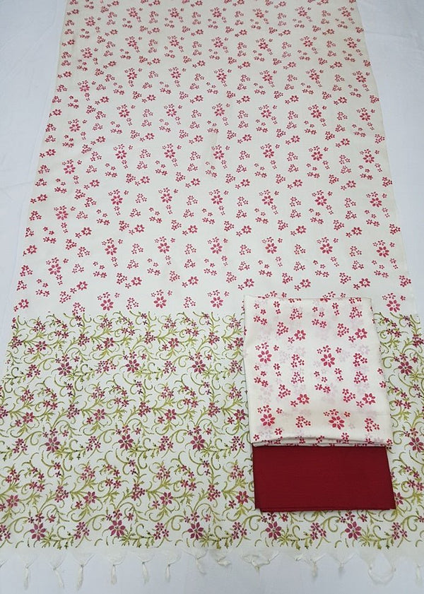 Pure Tussar Silk Hand Block Printed Three Piece Salwar Suit Material - Leheriya