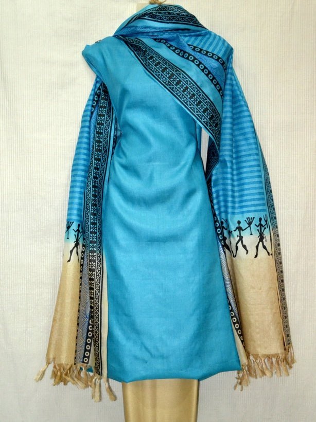 Pure Tussar Silk Hand Block Printed Three Piece Salwar Suit Material - Leheriya
