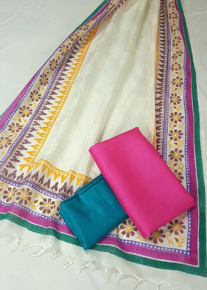 Pure Tussar Silk Hand Block Printed Three Piece Salwar Suit Material - Leheriya