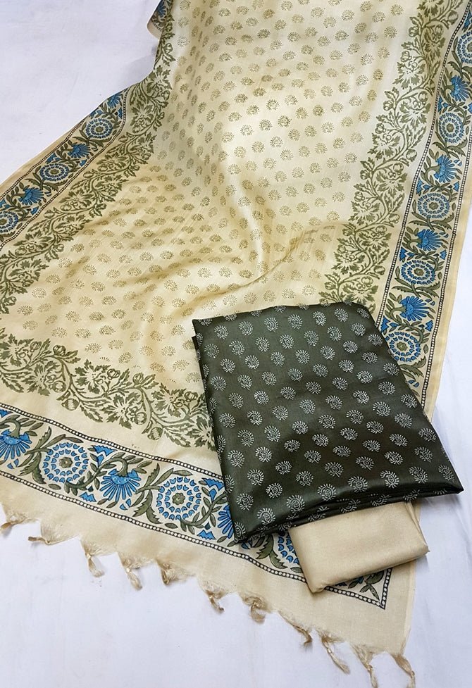 Pure Tussar Silk Hand Block Printed Three Piece Salwar Suit Material - Leheriya