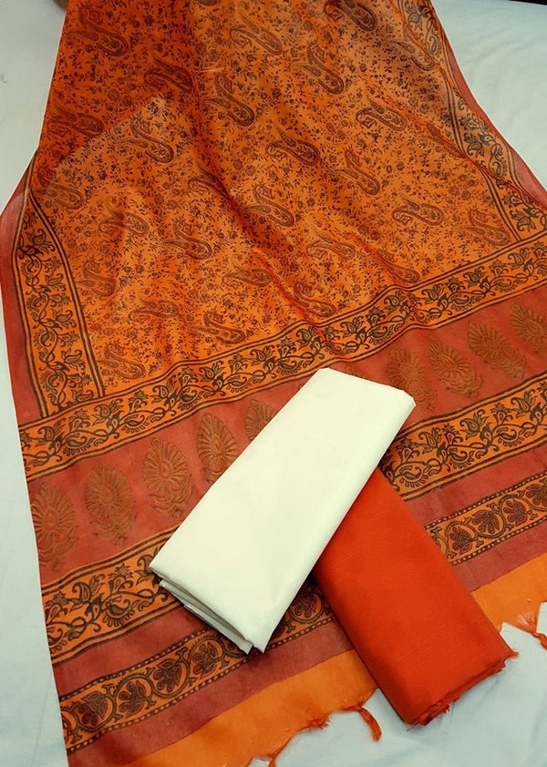 Pure Tussar Silk Hand Block Printed Three Piece Salwar Suit Material - Leheriya