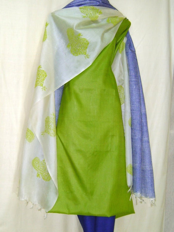 Pure Tussar Silk Hand Block Printed Three Piece Salwar Suit Material - Leheriya