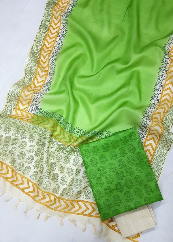 Pure Tussar Silk Hand Block Printed Three Piece Salwar Suit Material - Leheriya