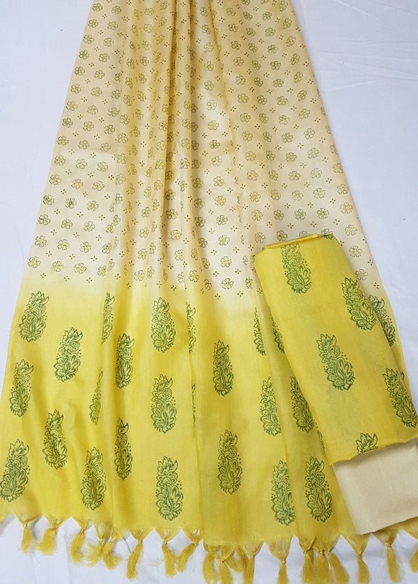 Pure Tussar Silk Hand Block Printed Three Piece Salwar Suit Material - Leheriya