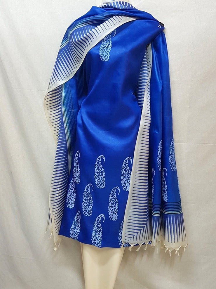 Pure Tussar Silk Hand Block Printed Three Piece Salwar Suit Material - Leheriya