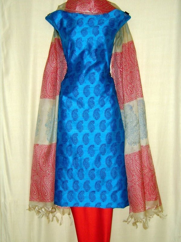 Pure Tussar Silk Hand Block Printed Three Piece Salwar Suit Material - Leheriya