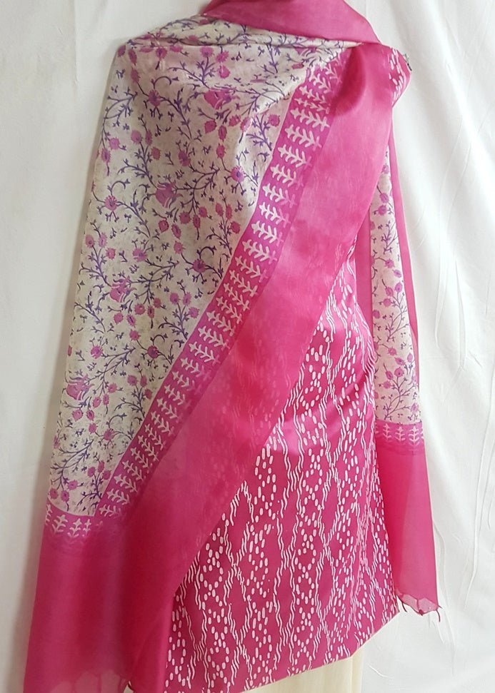 Pure Tussar Silk Hand Block Printed Three Piece Salwar Suit Material - Leheriya
