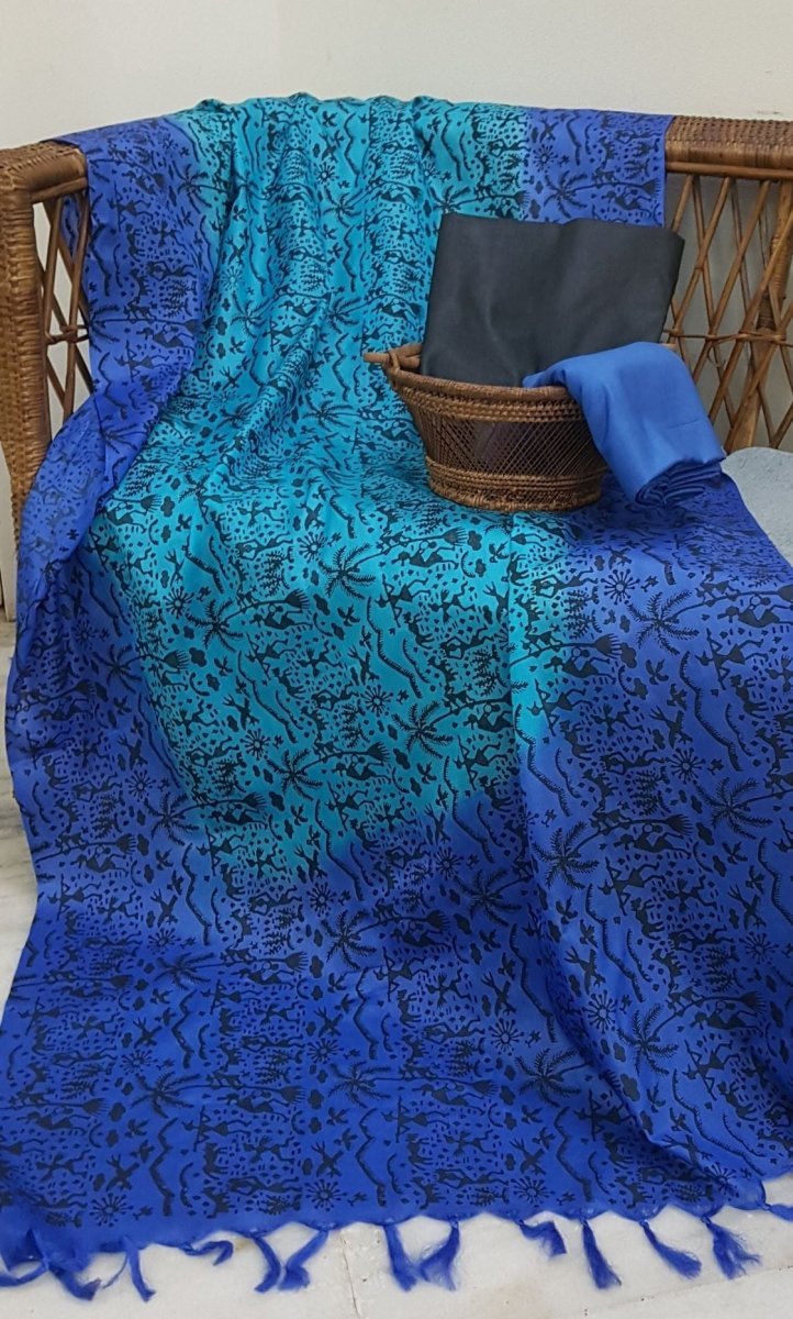 Pure Tussar Silk Hand Block Printed Three Piece Salwar Suit Material - Leheriya