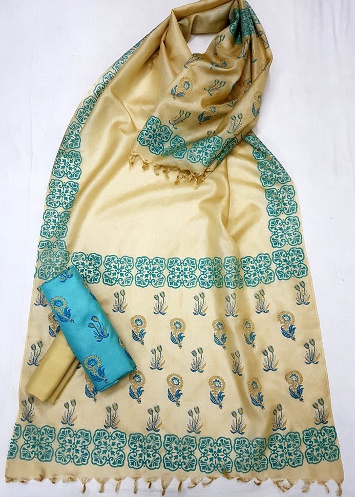 Pure Tussar Silk Hand Block Printed Three Piece Salwar Suit Material - Leheriya