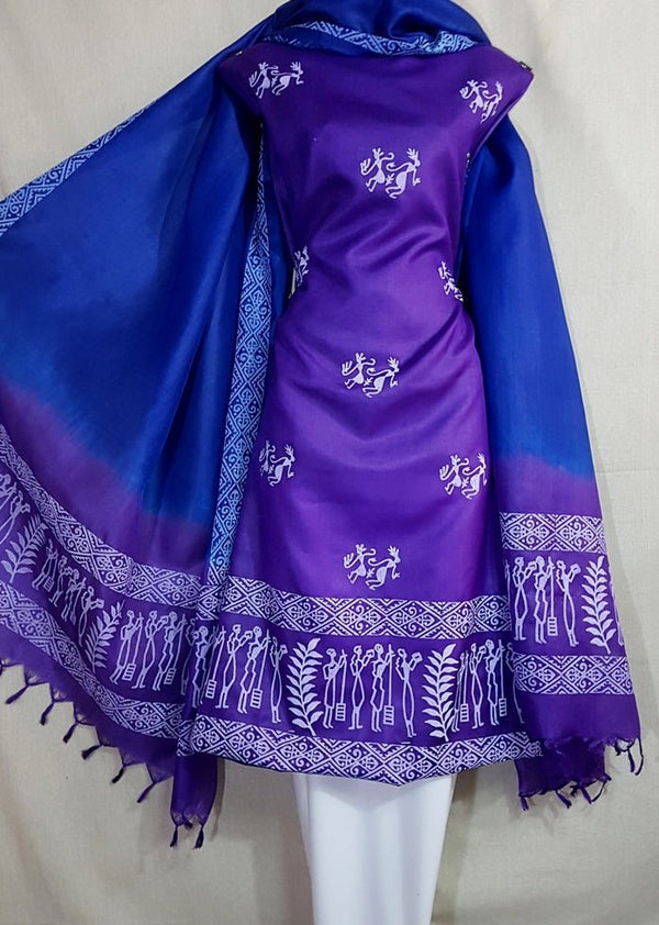 Pure Tussar Silk Hand Block Printed Three Piece Salwar Suit Material - Leheriya