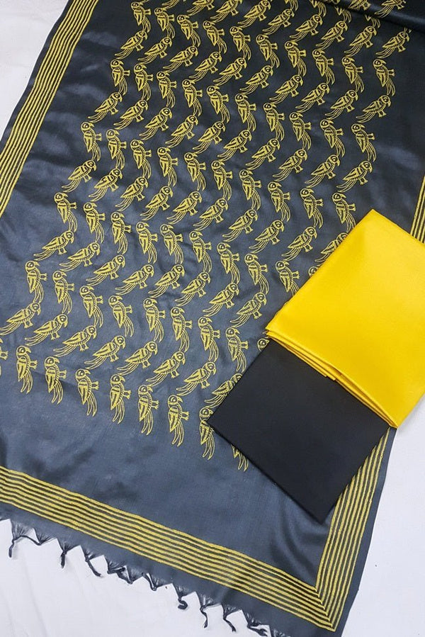 Pure Tussar Silk Hand Block Printed Three Piece Salwar Suit Material - Leheriya