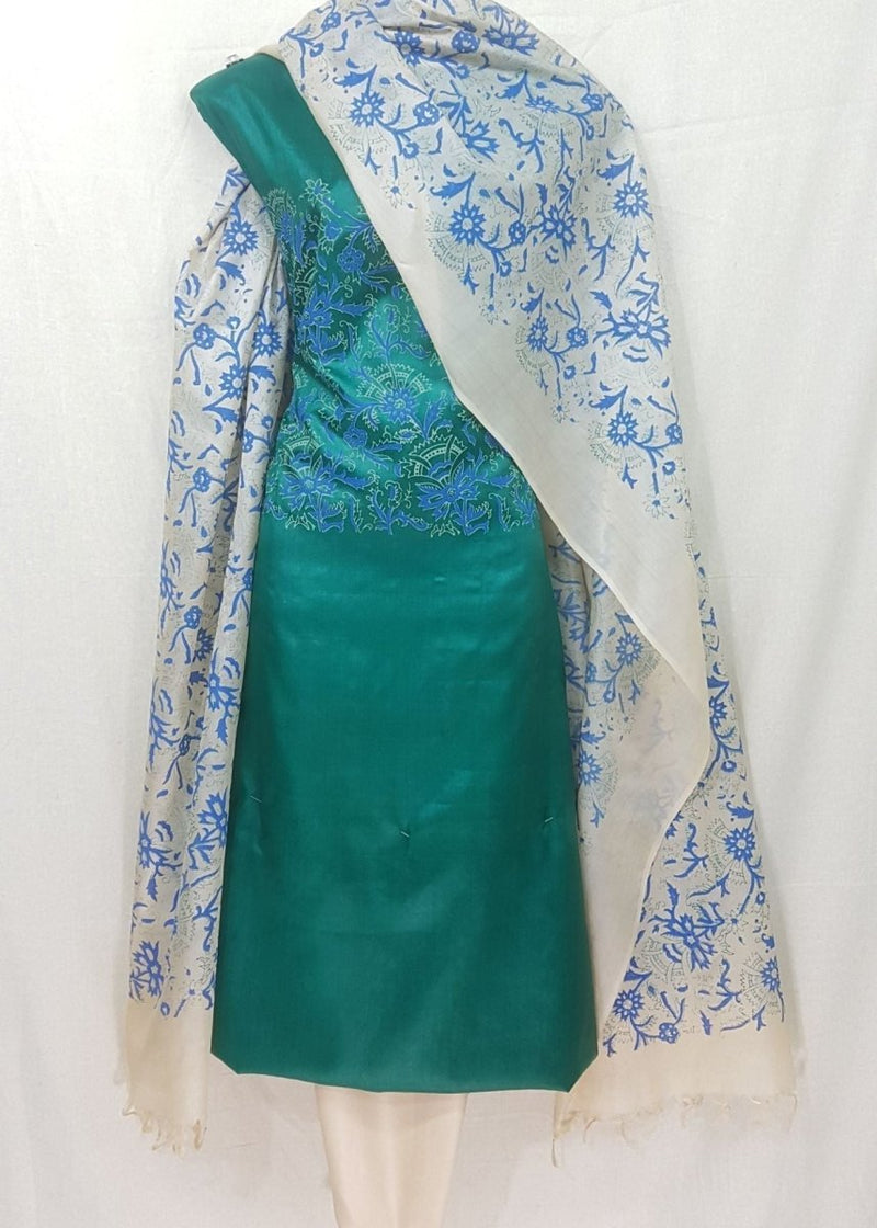 Pure Tussar Silk Hand Block Printed Three Piece Salwar Suit Material - Leheriya