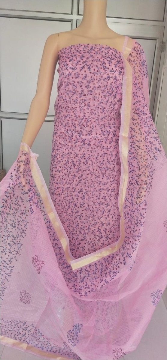 Purple Hand Block Printed Kota Doria Salwar Suit with Small Floral Print - Leheriya