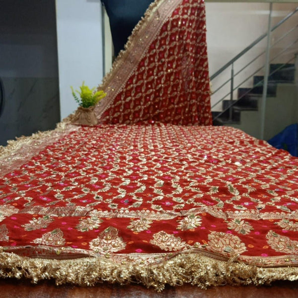 Red Leheriya Exclusive Bridal Bandhani Real Mirror Work Dupatta - Leheriya