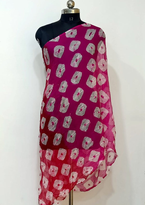 Red & Pink Pure Crepe Bandhani Dupatta - Leheriya