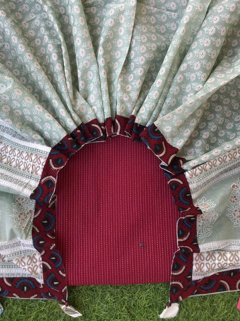 Sanganeri pure cotton dupatta patch work with ajrakh border with kantha weaved top - Leheriya