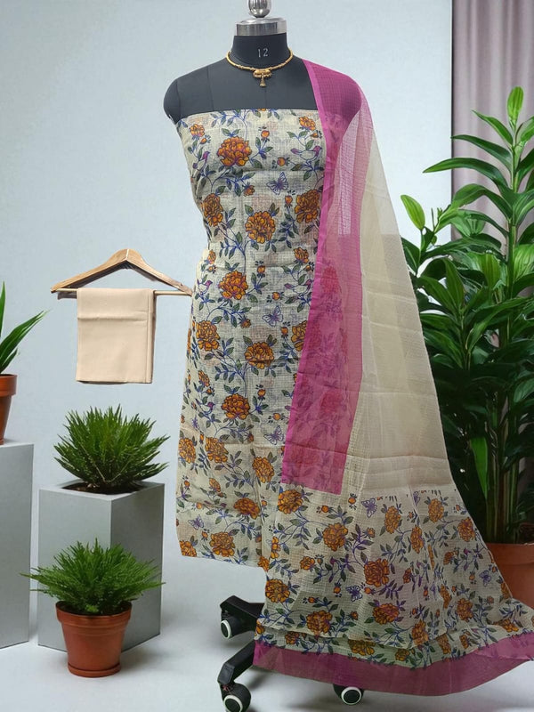 Screen Printed Kota Doria Cotton 3pc Salwar Suit - Leheriya