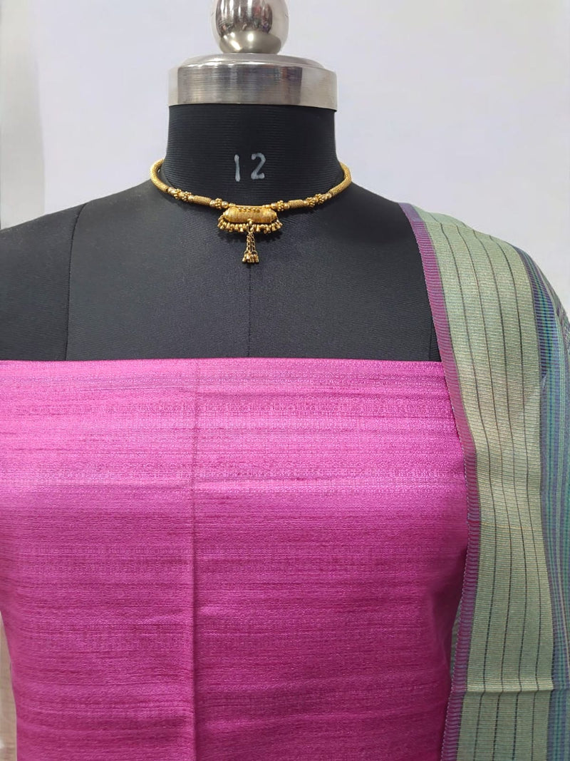 Semi Tussar Silk 3 pc Unstitched Salwar Suit with Chanderi Dupatta - Leheriya
