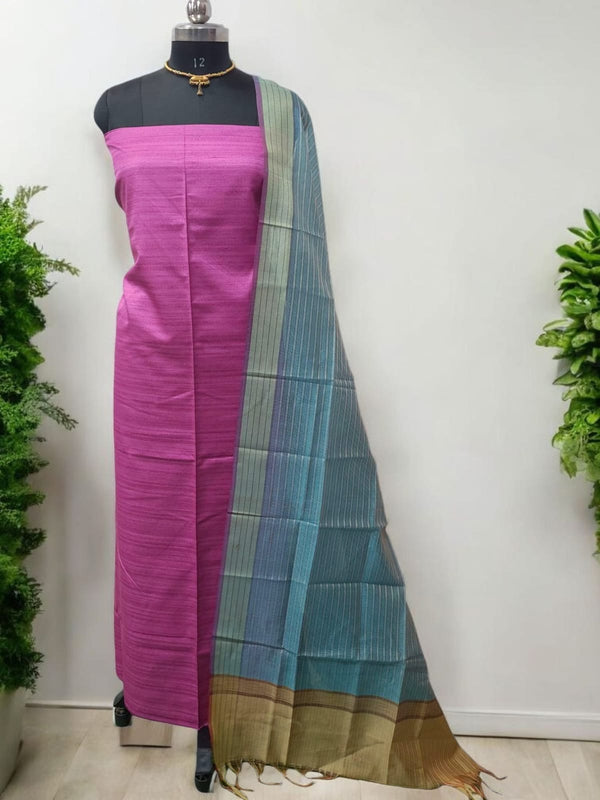 Semi Tussar Silk 3 pc Unstitched Salwar Suit with Chanderi Dupatta - Leheriya