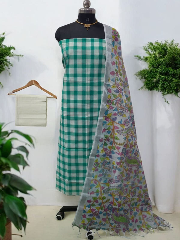 South Cotton 3 pc Unstitched Salwar Suit with Kalamkari Dupatta - Leheriya