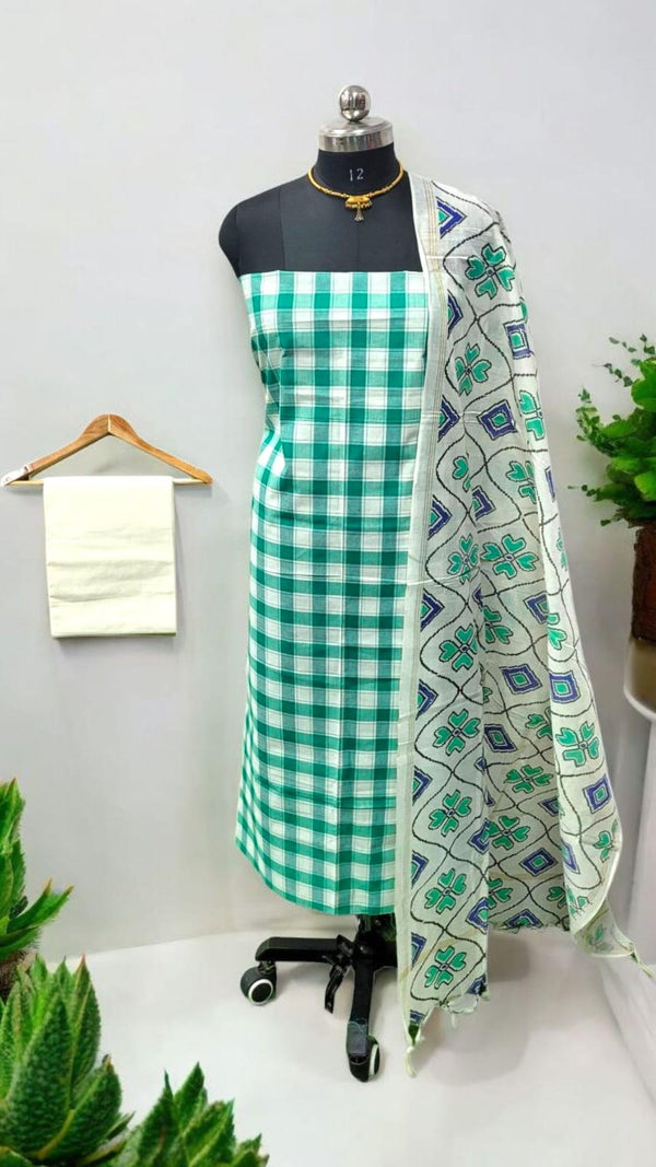 South Cotton 3 pc Unstitched Salwar Suit with Kalamkari Dupatta - Leheriya