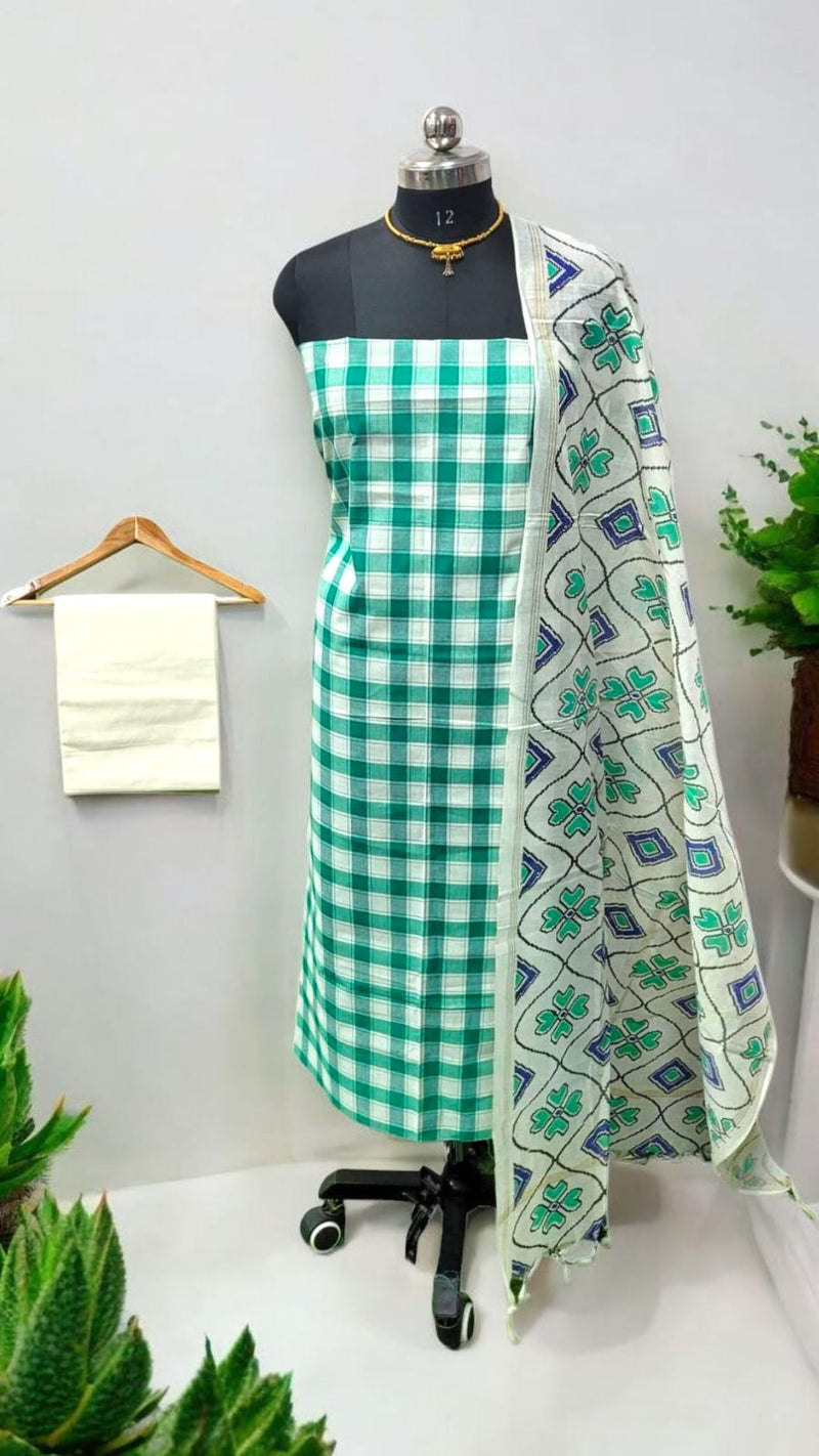 South Cotton 3 pc Unstitched Salwar Suit with Kalamkari Dupatta - Leheriya