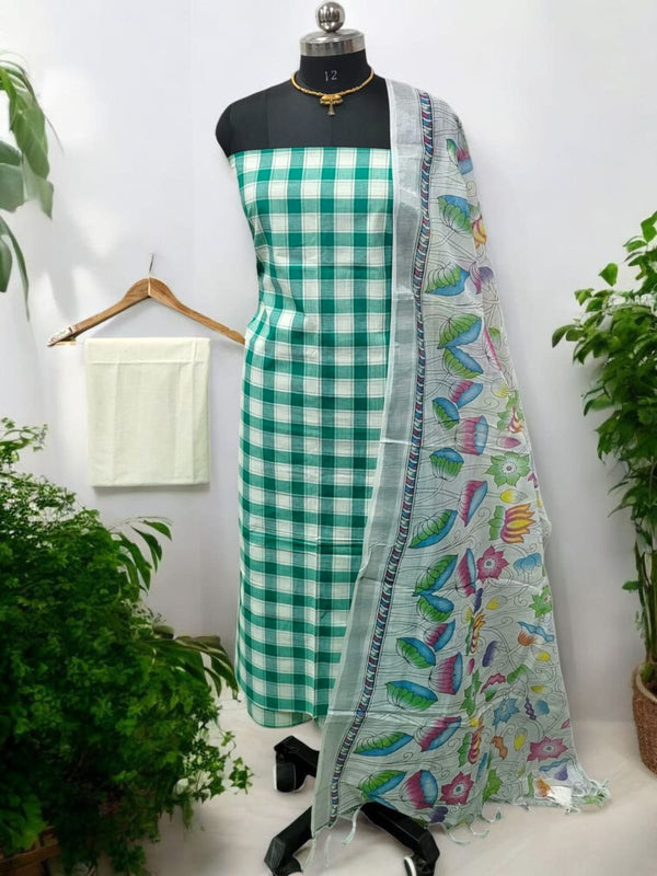 South Cotton 3 pc Unstitched Salwar Suit with Kalamkari Dupatta - Leheriya