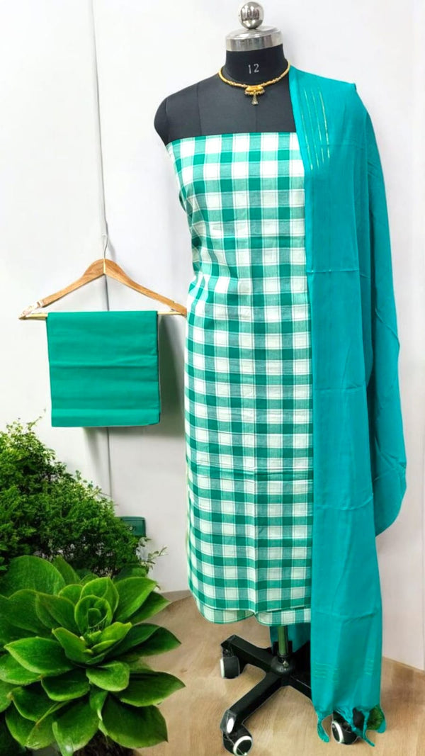 South Cotton 3 pc Unstitched Salwar Suit with South Cotton Dupatta - Leheriya