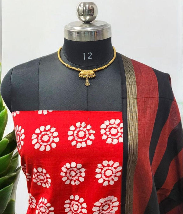 South Cotton Block printed 3 pc Unstitched Salwar Suit with South Cotton Dupatta - Leheriya