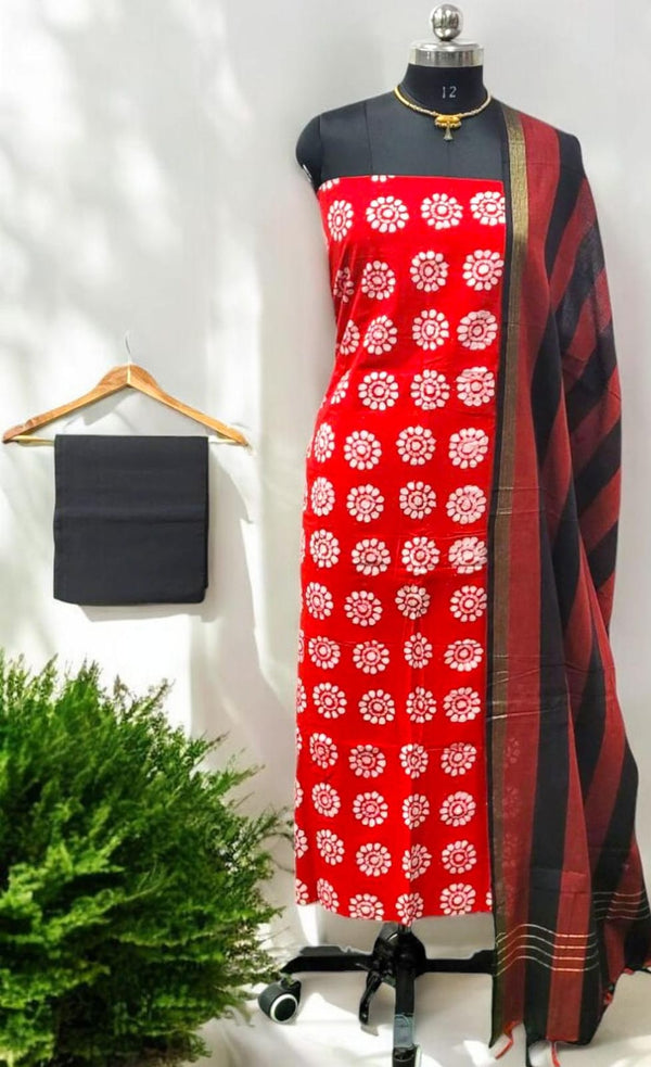 South Cotton Block printed 3 pc Unstitched Salwar Suit with South Cotton Dupatta - Leheriya