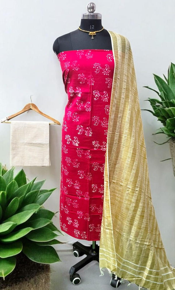 South Cotton Block printed 3 pc Unstitched Salwar Suit with South Cotton Dupatta - Leheriya