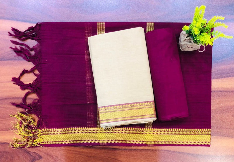 South Cotton Mangalgiri 3pc Salwar Suit | Beige & Grape Purple | - Leheriya