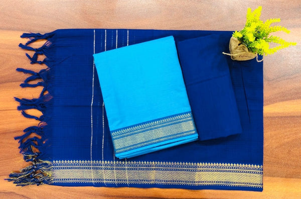 South Cotton Mangalgiri 3pc Salwar Suit | Color Bright Blue & Lapis Blue | - Leheriya