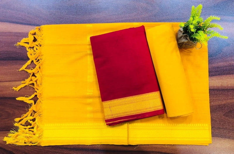 South Cotton Mangalgiri 3pc Salwar Suit | Color Maroon & Yellow | - Leheriya