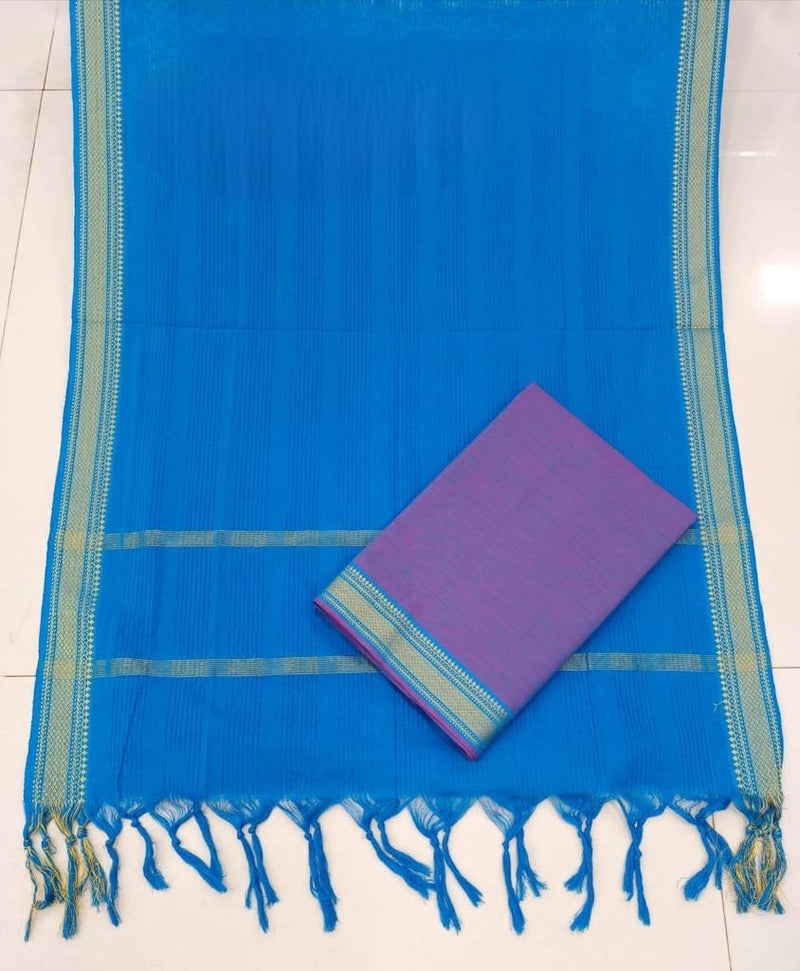 South Cotton Mangalgiri 3pc Salwar Suit | Purple & Blue | - Leheriya
