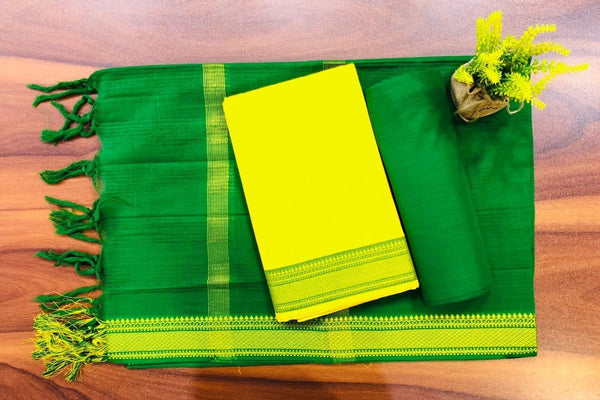 South Cotton Mangalgiri 3pc Salwar Suit | Yellow & Green | - Leheriya