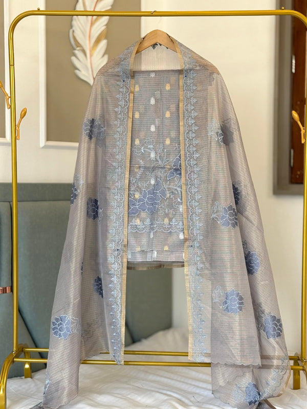 Tissue Kota Applique Daman Boota with Zaari Booti Top 3 Pc Unstitched Salwar Suit - Leheriya