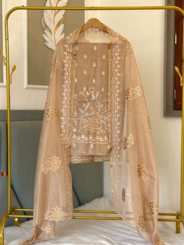 Tissue Kota Applique Daman Boota with Zaari Booti Top 3 Pc Unstitched Salwar Suit - Leheriya