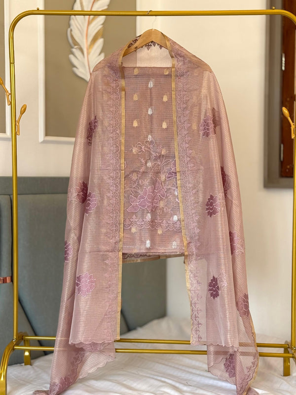 Tissue Kota Applique Daman Boota with Zaari Booti Top 3 Pc Unstitched Salwar Suit - Leheriya
