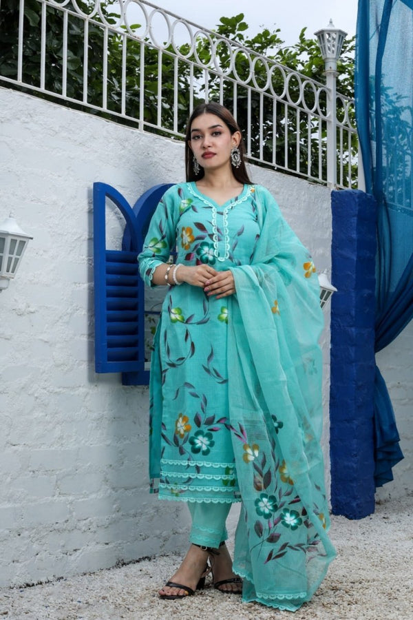 Unstitched 3 pc Kota Doria Cotton Salwar Suits - Leheriya