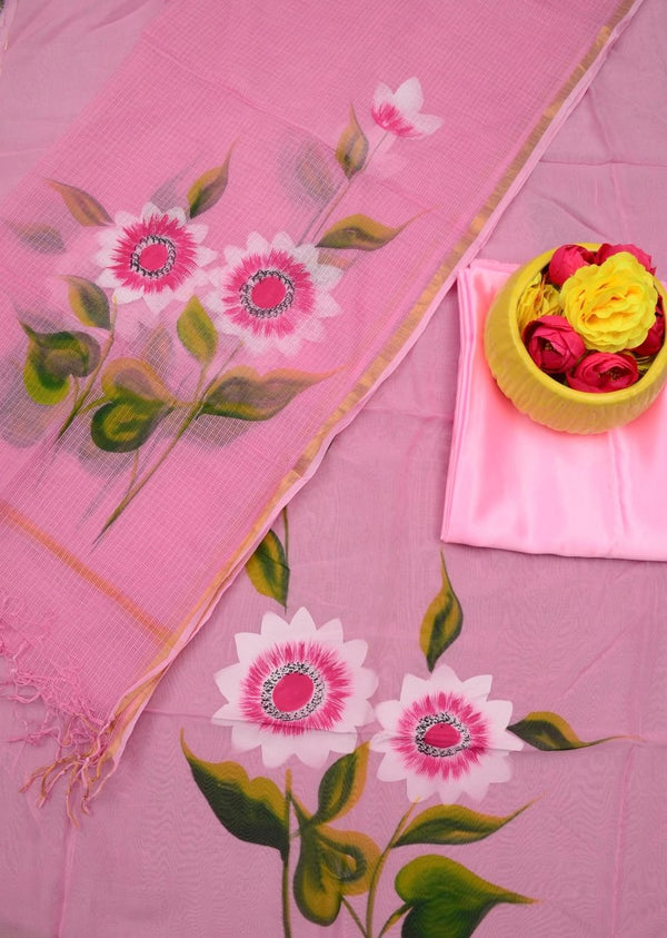 Unstitched 3 pc Organza Hand Painting Anarkali Salwar Suits - Leheriya